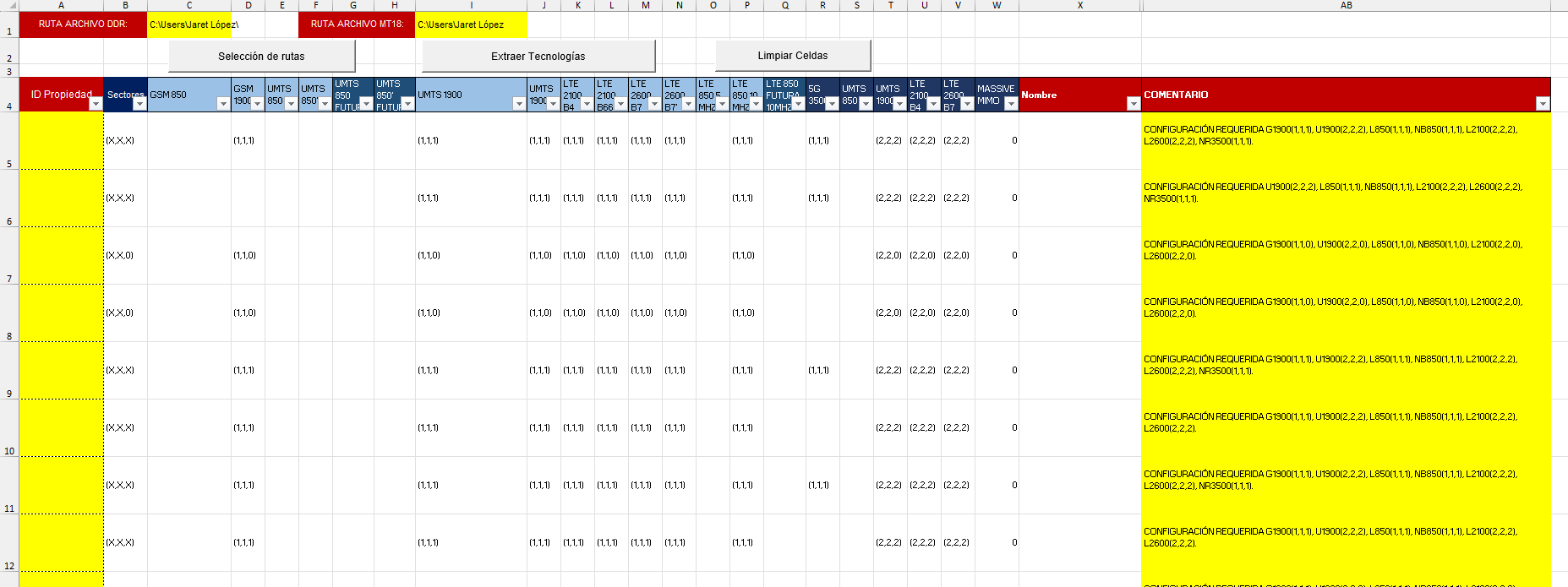 User supplied Excel screenshot with site identifiers removed and generated OT comments